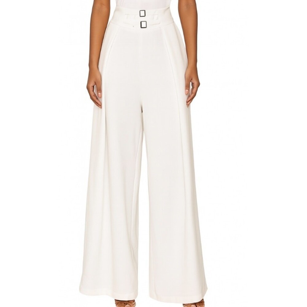 Sheike white wide leg pants trousers back zip up gold double buckle SZ 16